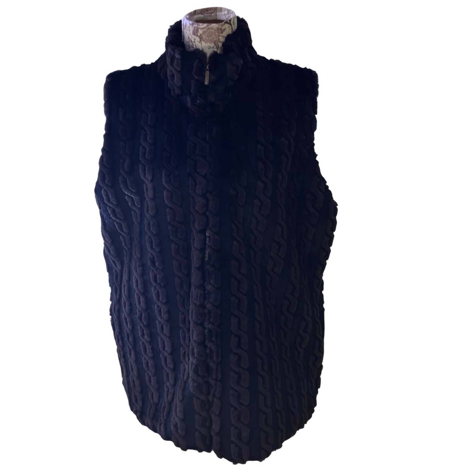 Vintage Luxury Notfurreall By Duffel Cable Knit Faux Fur Vest Black L Festival
